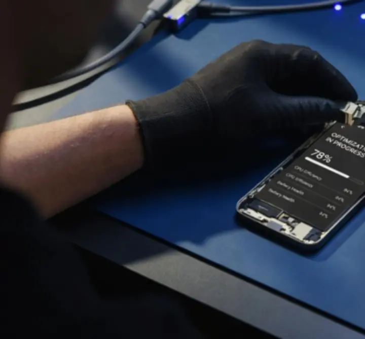 Technikus fejlett teljesítményoptimalizálást végez az okostelefonon